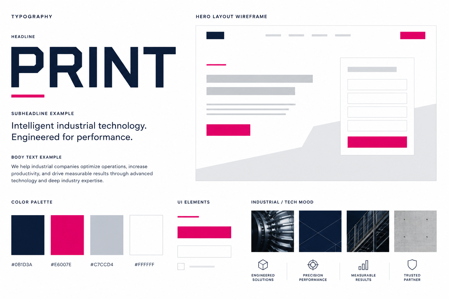Moodboard typography, hero layout wireframe, color palette và UI elements