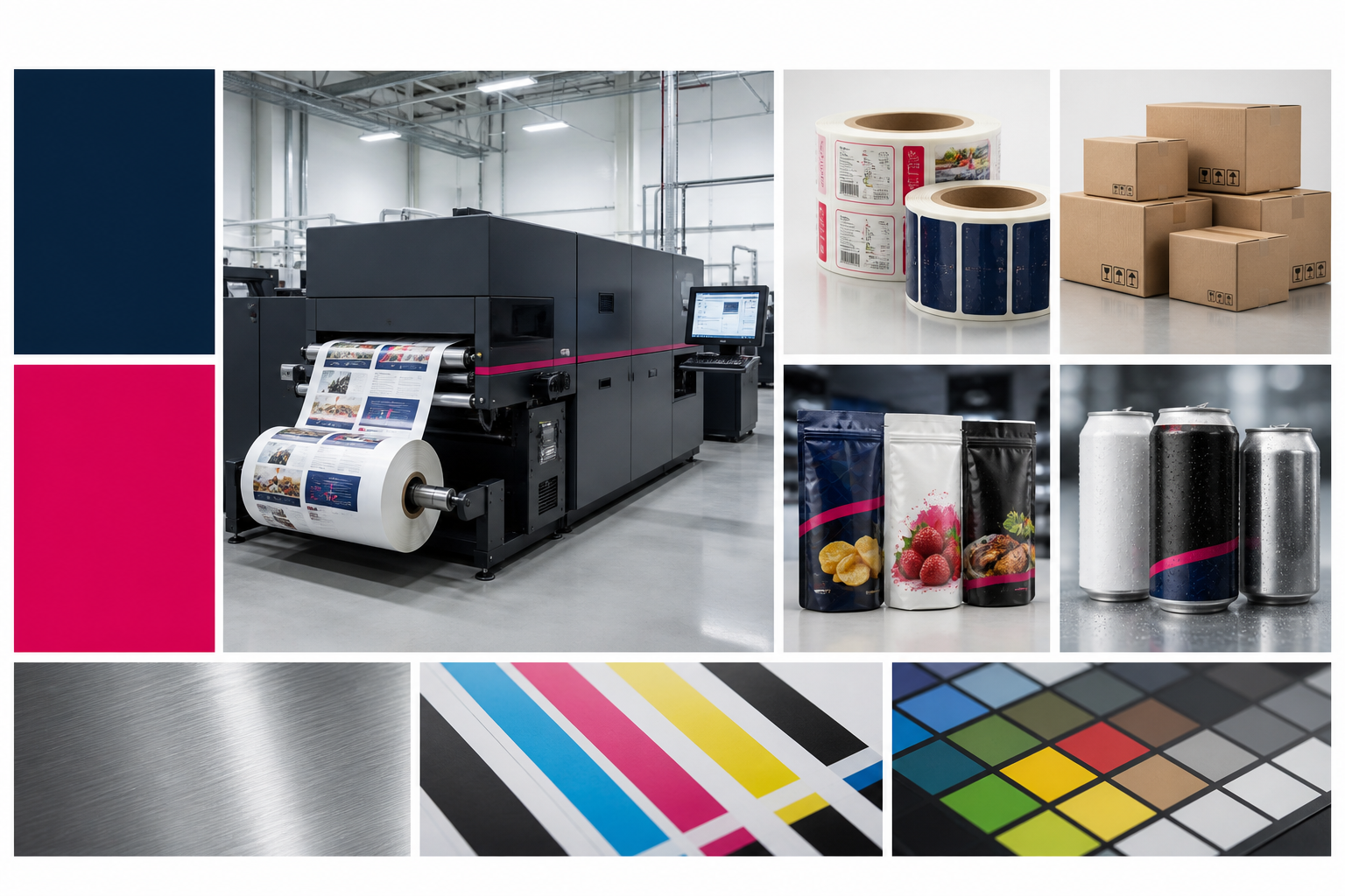 Moodboard visual: máy in công nghiệp, packaging applications và palette navy/magenta